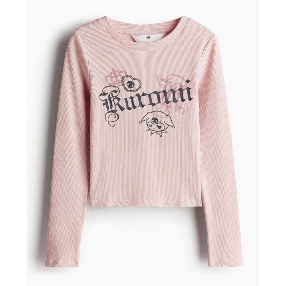 H&M Girls 14 Kuromi Jersey Top Pink Ribbed Long Sleeve Round Neck Slim Fit